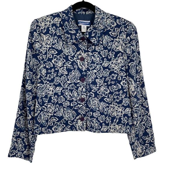 Vintage Pendleton Floral Blazer Jacket Lightweight Navy Cropped Soft Women 10 - Picture 1 of 9